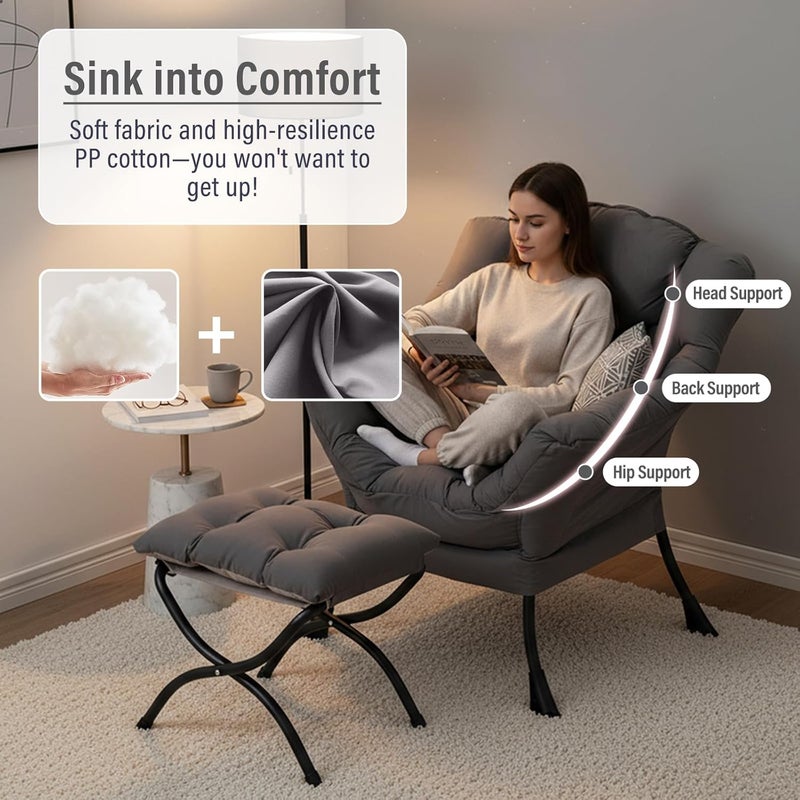 Furlide Lazy Chair with Ottoman, Modern Chair with Folding Footrest, Lounge Accent Chair, Comfortable Reading Chair, Oversized Armchairs for Bedroom, Study, Living Room, Courtyard (Dark Grey) - Image 4
